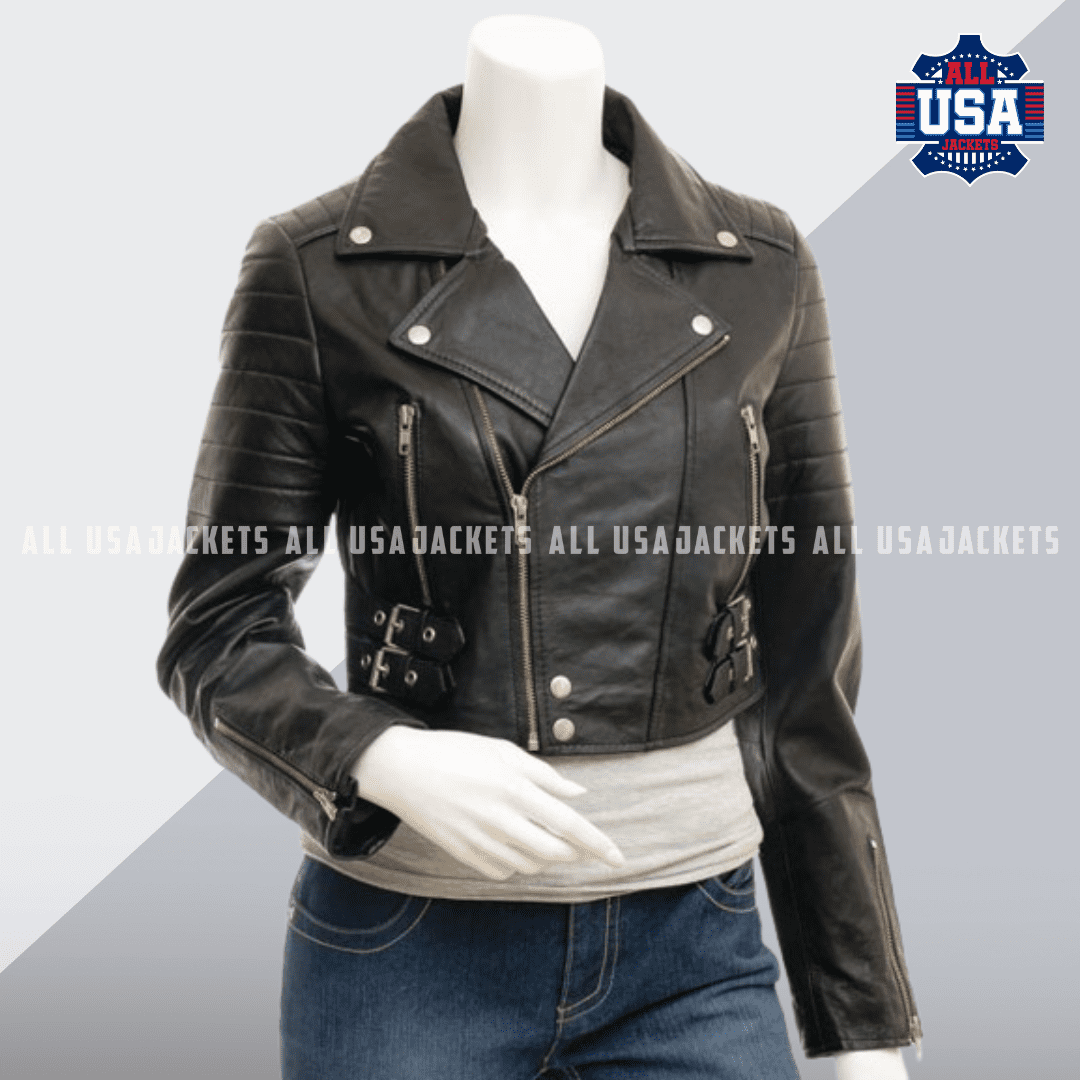 Women Cropped Black Leather jacket