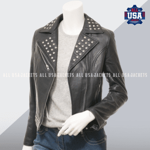 Women Studded Black Leather Jacket